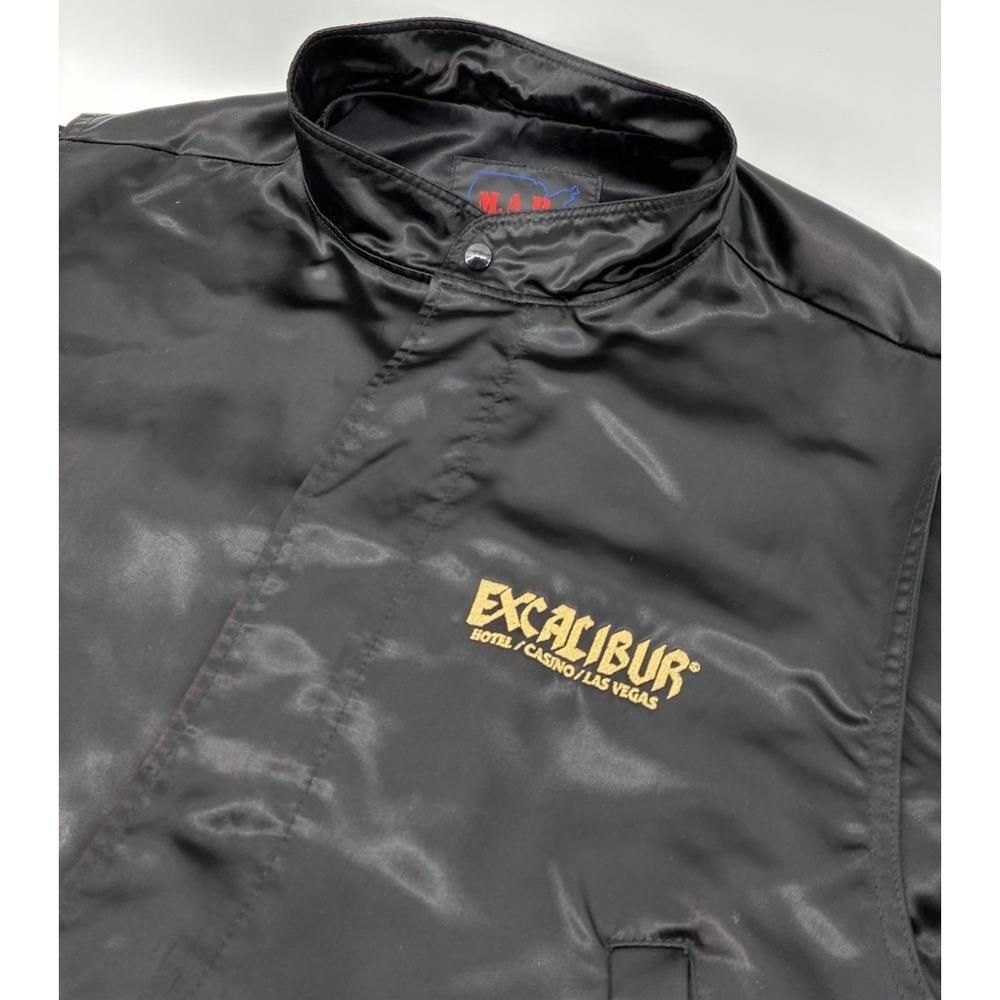 VNTG 90's Excalibur Las Vegas Casino Satin Black Bomber Jacket USA Made Large